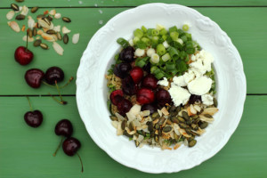 A SEASONAL SUPERFOOD THAT INHIBITS CANCER – SWEET AND SOUR CHERRY BOWL WITH KALE, ALMONDS AND GOAT’S CHEESE