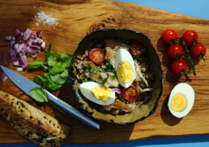 HOW TO LIVE HAPPILY EVER LAUGHTER & FARRO SALAD WITH EGGS AND SMOKED MACKEREL